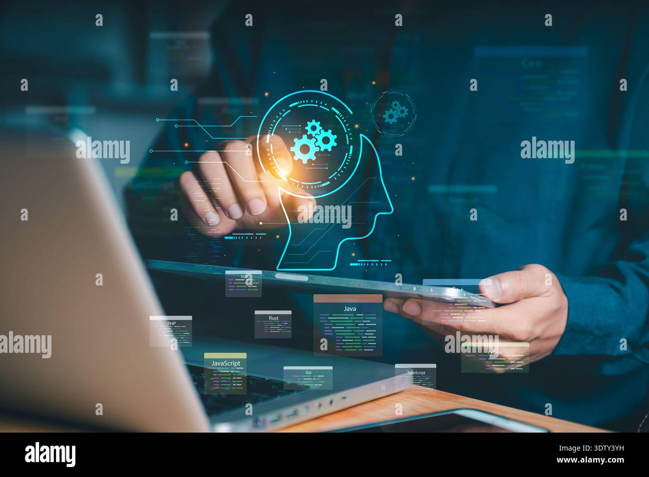 Programmer using laptop with AI head and coding language icons. Concept of automated coding, software development, artificial intelligence in programm Stock Photo