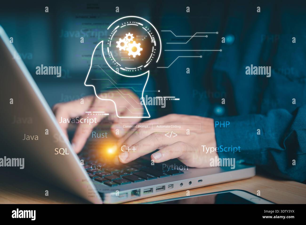 Programmer using laptop with AI head and coding language icons. Concept of automated coding, software development, artificial intelligence in programm Stock Photo