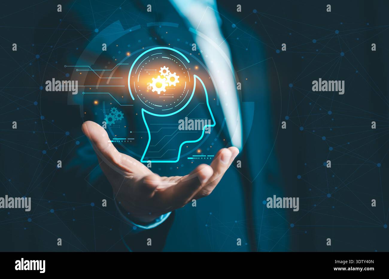 Businessman holding glowing AI human head with gears. Concept of ...