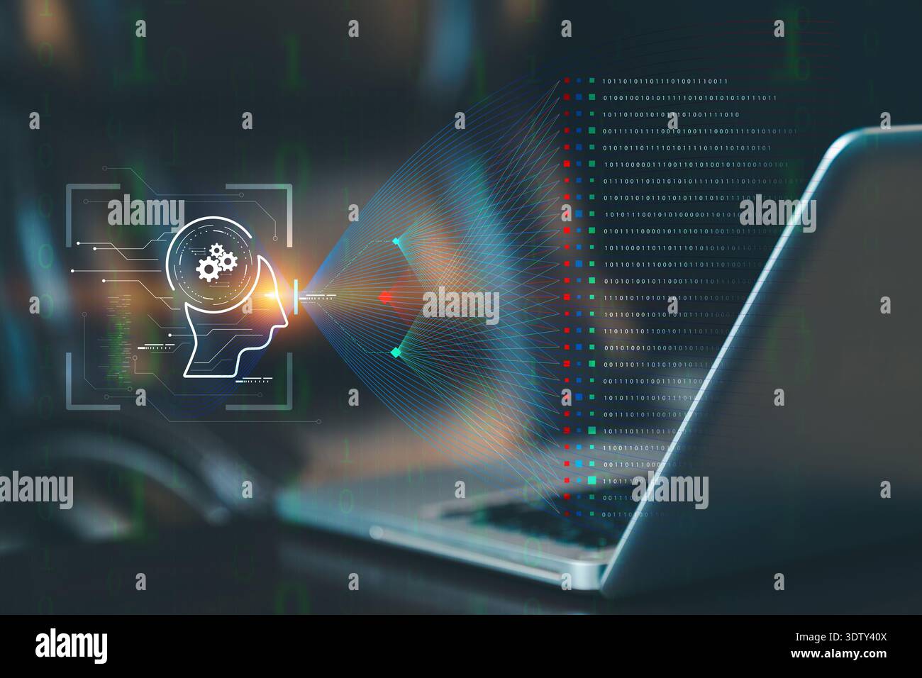 Artificial intelligence processing big data on laptop. Concept of machine learning, neural networks, and digital information flow in modern technology Stock Photo