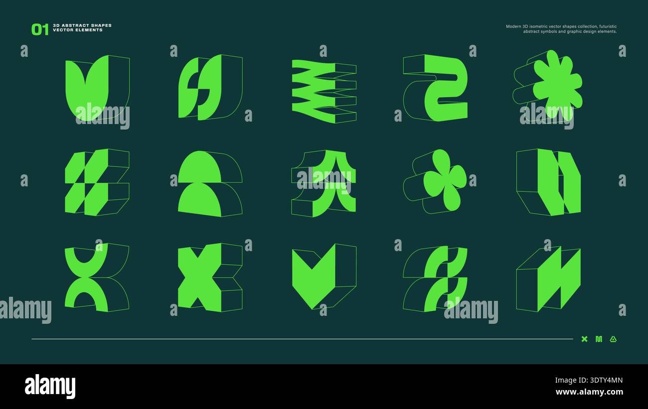 Set of 3D abstract modern geometric shapes and vector elements. Perfect for futuristic branding, UI/UX design, poster layouts, and contemporary graphic projects. Vector EPS10 graphics. Stock Vector