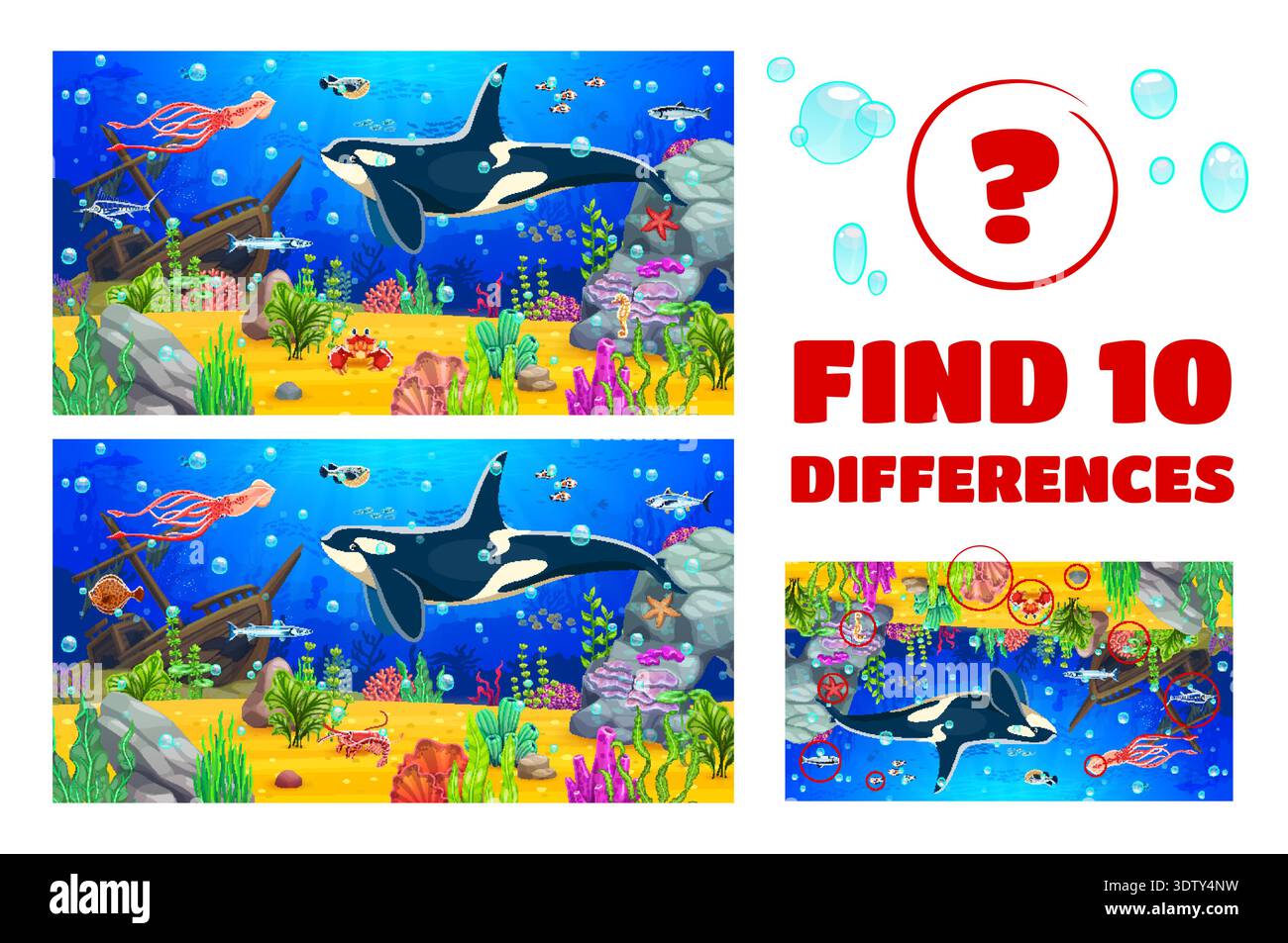 Find ten differences on underwater landscape, kids game worksheet ...