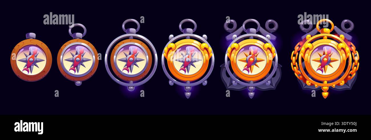 Sea compass game rank badge, wind rose award and progress medal, vector ...