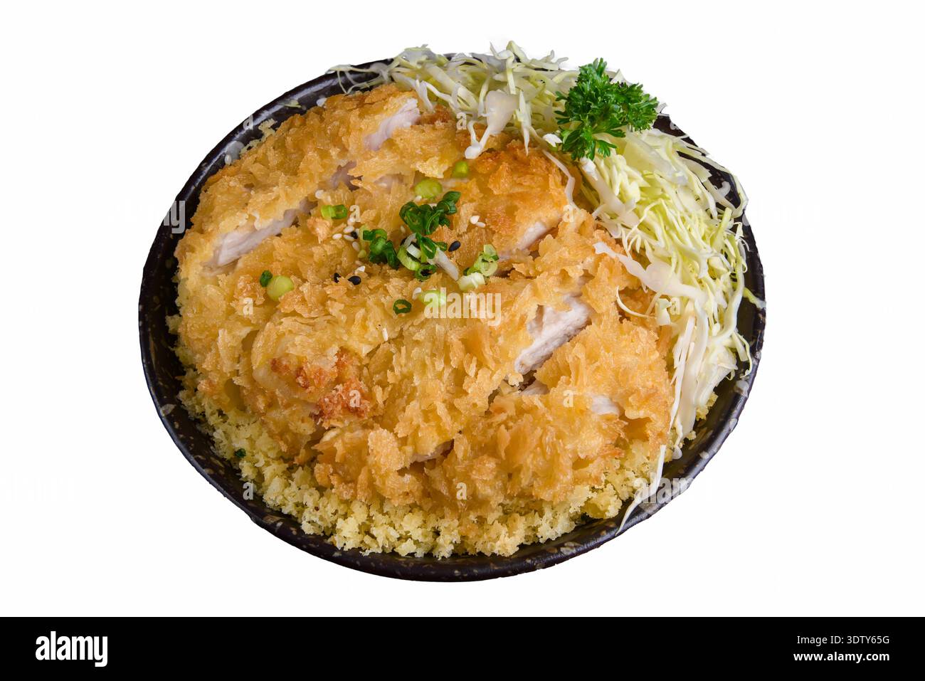 A Japanese katsudon rice bowl featuring a crispy pork cutlet topped with a soft-cooked egg, served over steamed rice. Isolated on white background Stock Photo