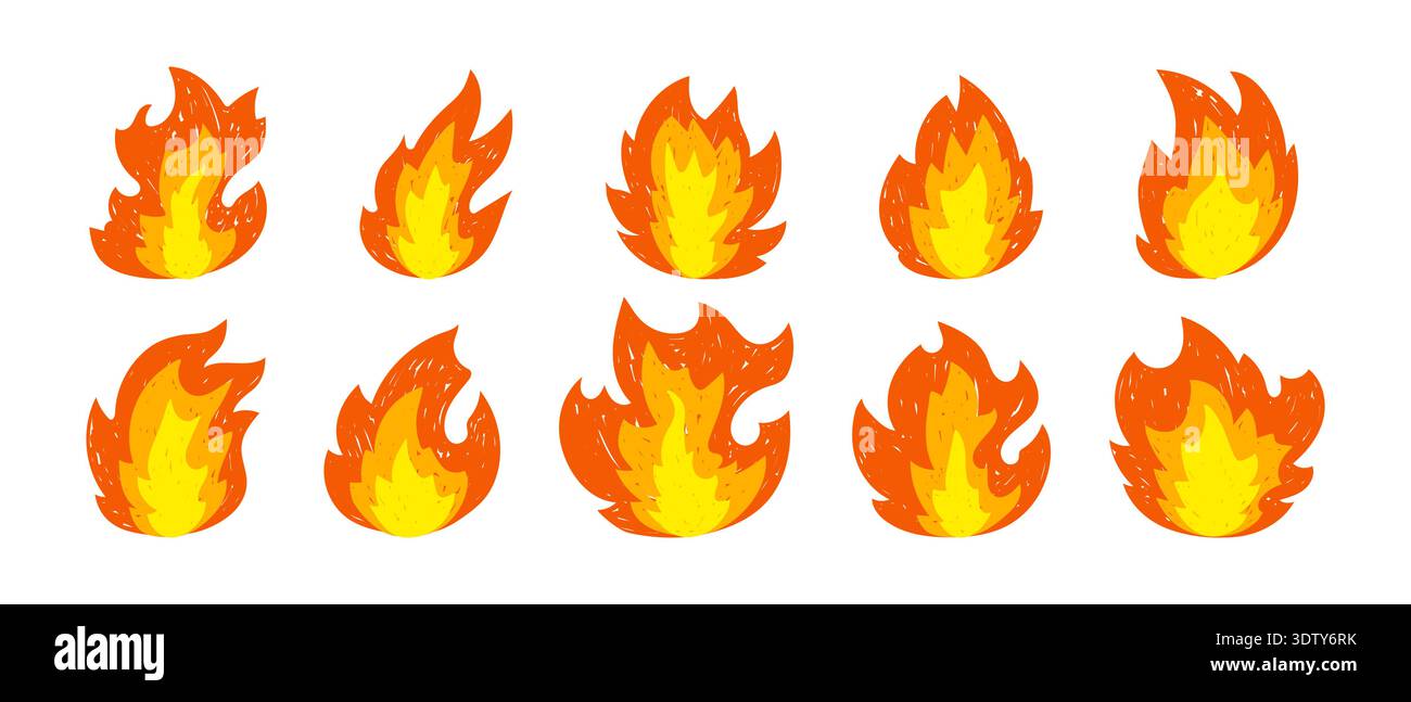 Fire flame crayon pencil doodle doodle, Chalk pastel fire doodle icons, Hand drawn flame scribble Stock Vector