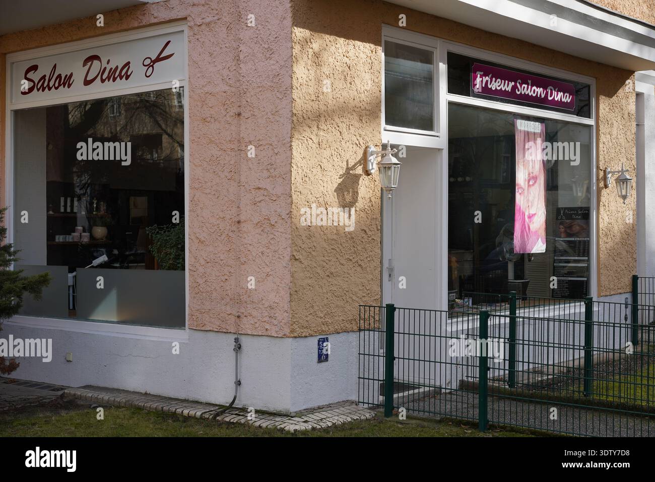 Berlin, Germany - February 23, 2026: Friseur Salon Dina hair salon entrance and facade on Gutsmuthsstraße in Steglitz district. Stock Photo