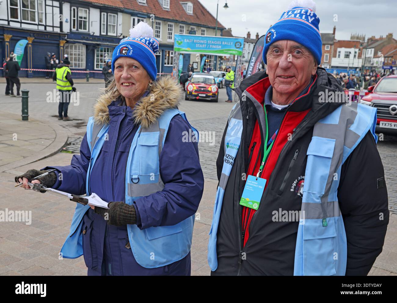 Rally marshals in blue high-visibility vests at the East Riding Stages Rally in Beverley, East Riding of Yorkshire. Stock Photo