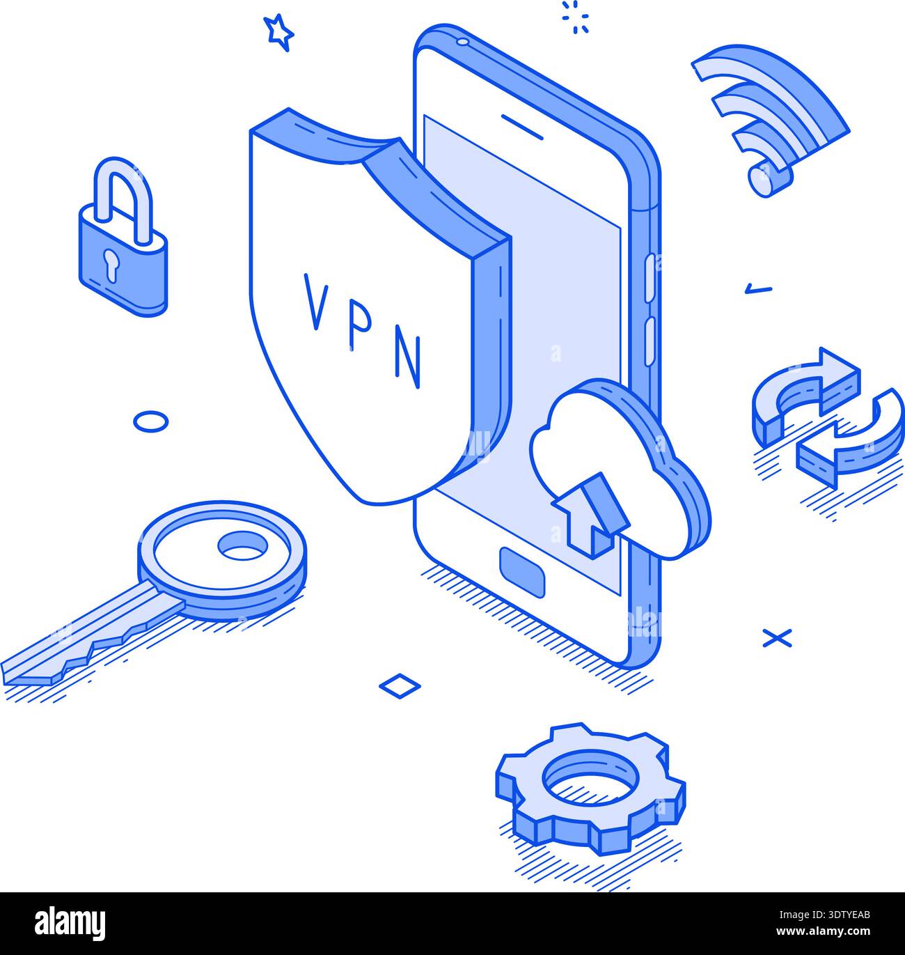 Isometric line illustration features a mobile device surrounded by elements representing a virtual private network, including a shield, cloud, and sec Stock Vector