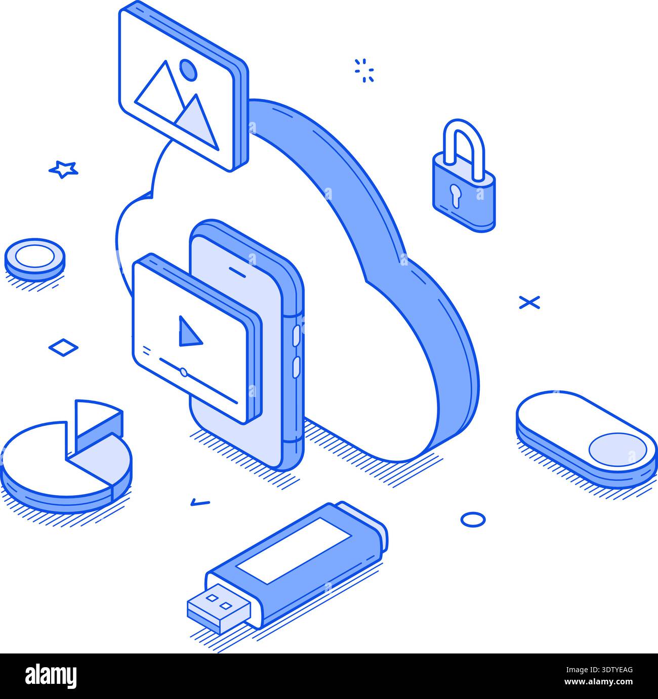 Cloud storage, featuring devices, data visuals, and encryption symbols, showcasing modern tech and secure data management. Modern isometric vector ill Stock Vector