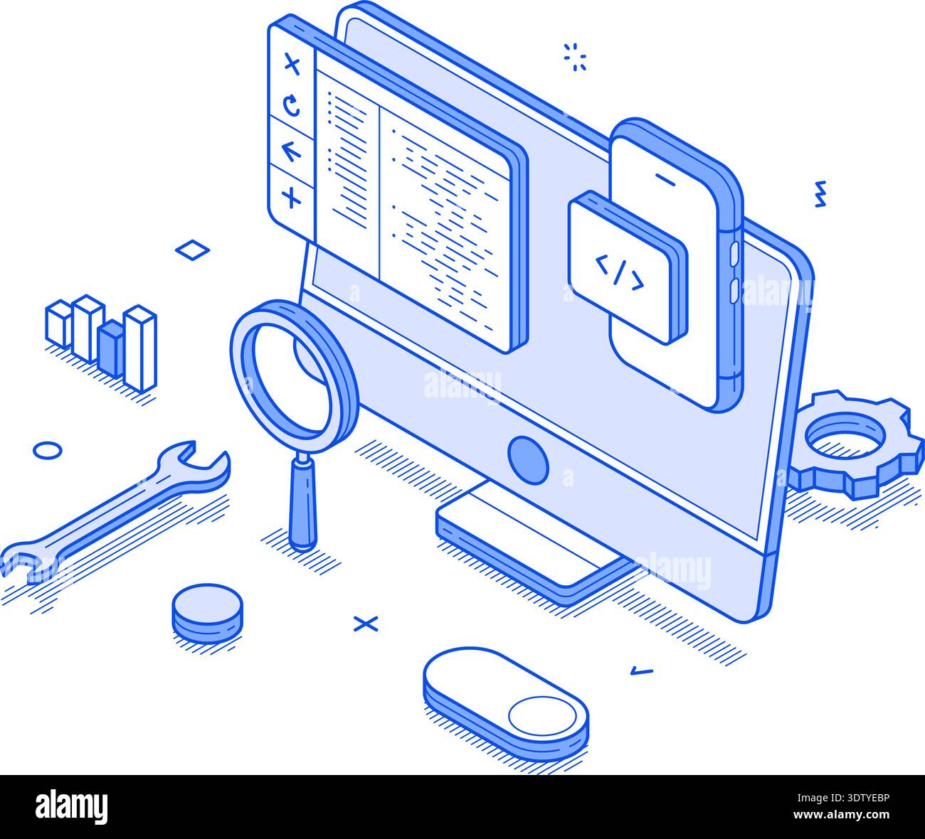 Isometric line vector illustration depicting software testing. A computer screen displays code while tools and icons symbolize debugging and analysis Stock Vector