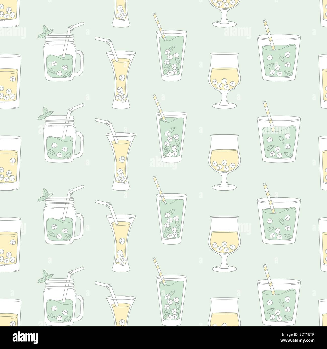 Fresh Summer Drink Lemonade Seamless Pattern. Refreshing Mint Cocktail Drinking Glasses with Ice Cubes on light Green Background. Minimalist Square Stock Vector