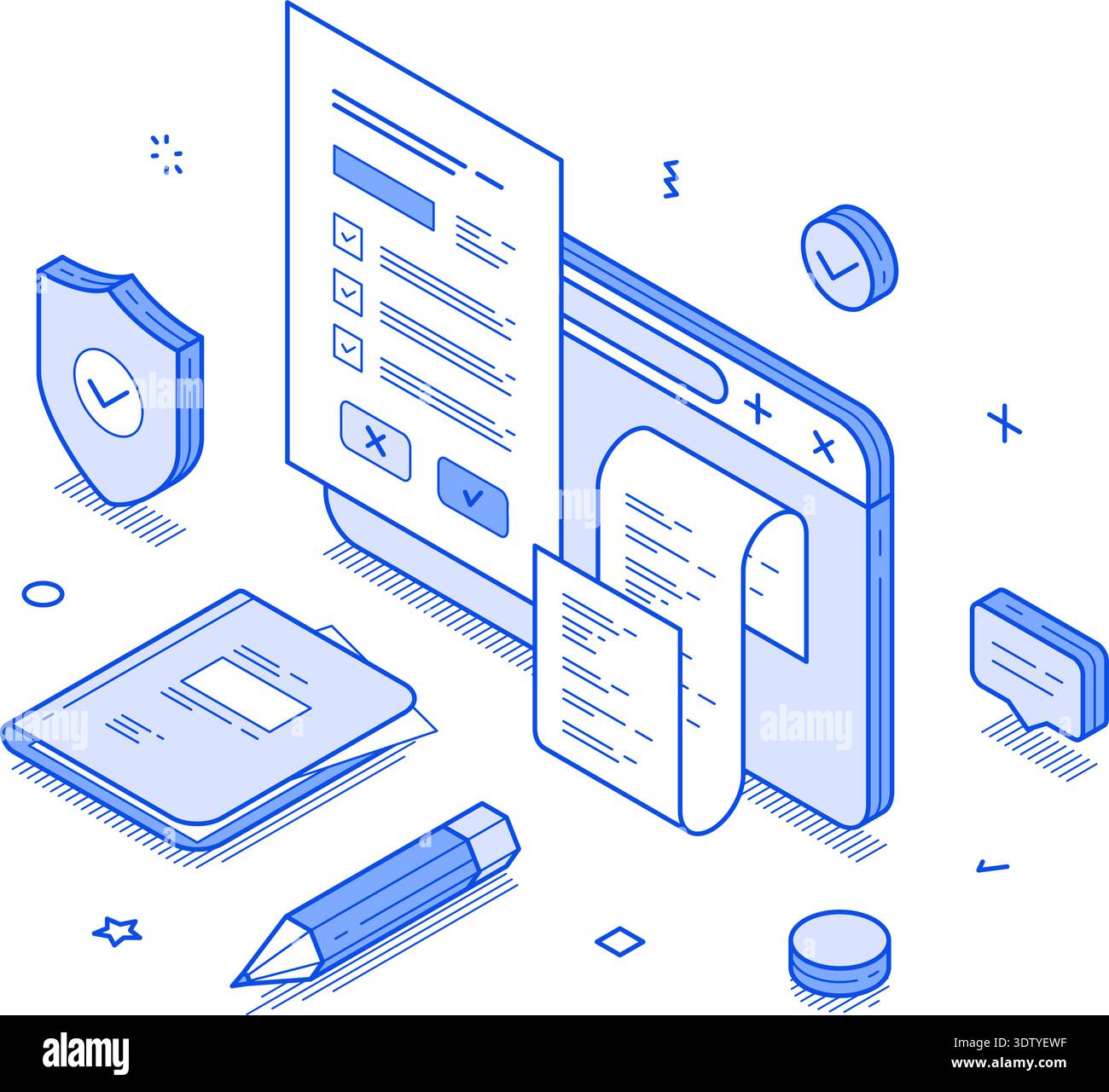 Digital interface for terms and conditions. Elements include checkboxes, documents, and a pencil, emphasizing clarity and organization. Modern isometr Stock Vector