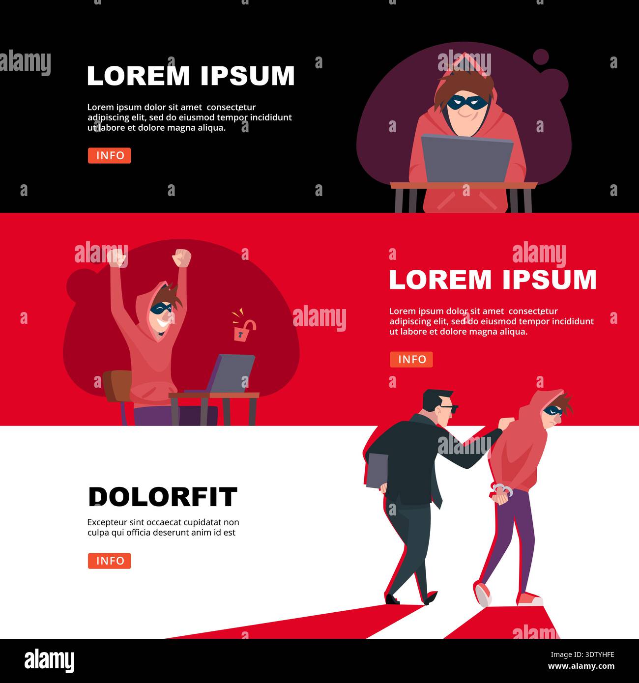 Hacker. firewall hack on pc cyber thief. vector horizontal banners with place for personal text Stock Vector