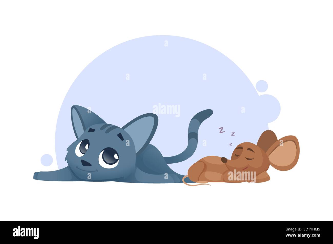 Cat and mouse. sleeping cute little characters mouse with cat Stock Vector