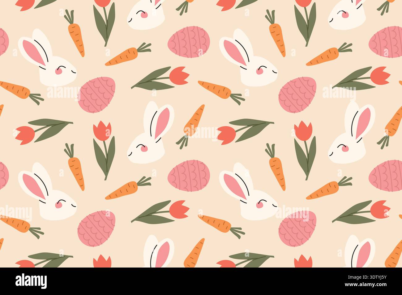 seamless easter pattern with rabbits, carrots, eggs and tulips - vector illustration Stock Vector