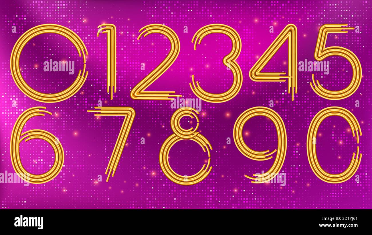 Golden Number. Thin yellow volume numbers. 3d render Stock Vector
