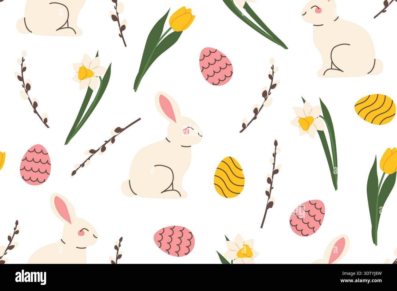 seamless easter pattern with rabbits, eggs, catkins, daffodils and tulips - vector illustration Stock Vector