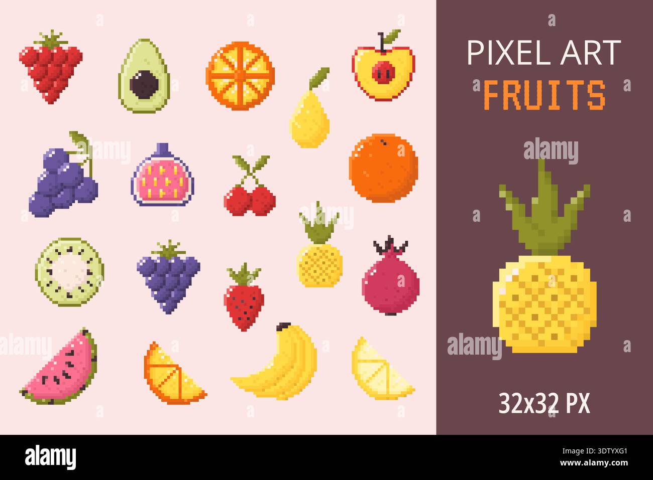 Pixel art fruit icons set. Isolated elements Stock Vector