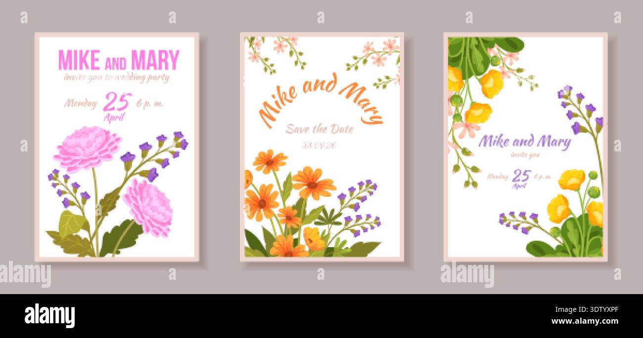 Spring wildflowers posters. Flowers greeting cards, wedding invitation flyers happy birthday postcard easter holiday poster floral frame design cartoon set neat vector illustration original artwork Stock Vector