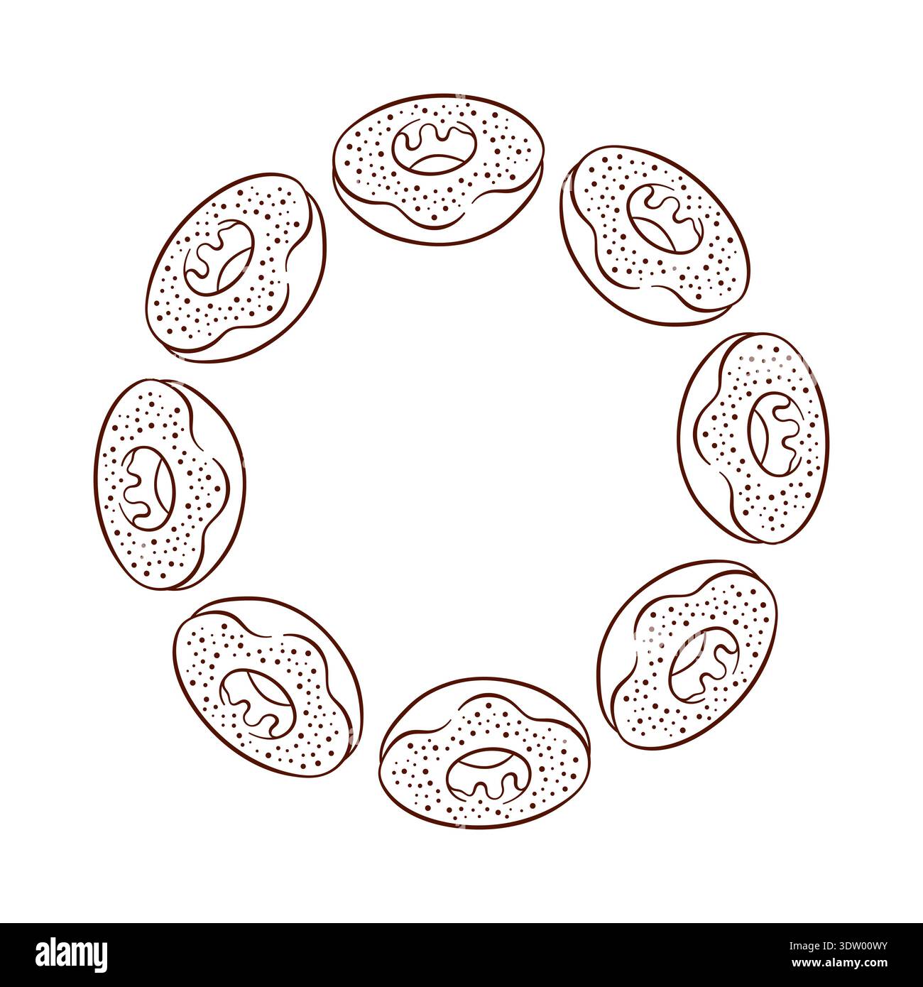 Donut wreath in line art style. Design for food apps, bakery and cafe card isolated on a white background. Stock Vector