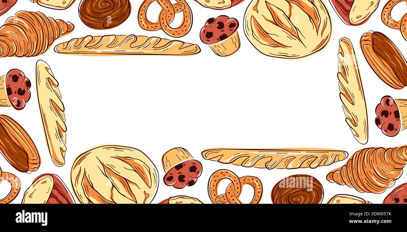 Border with flat style bakery product including bread, baguette ...