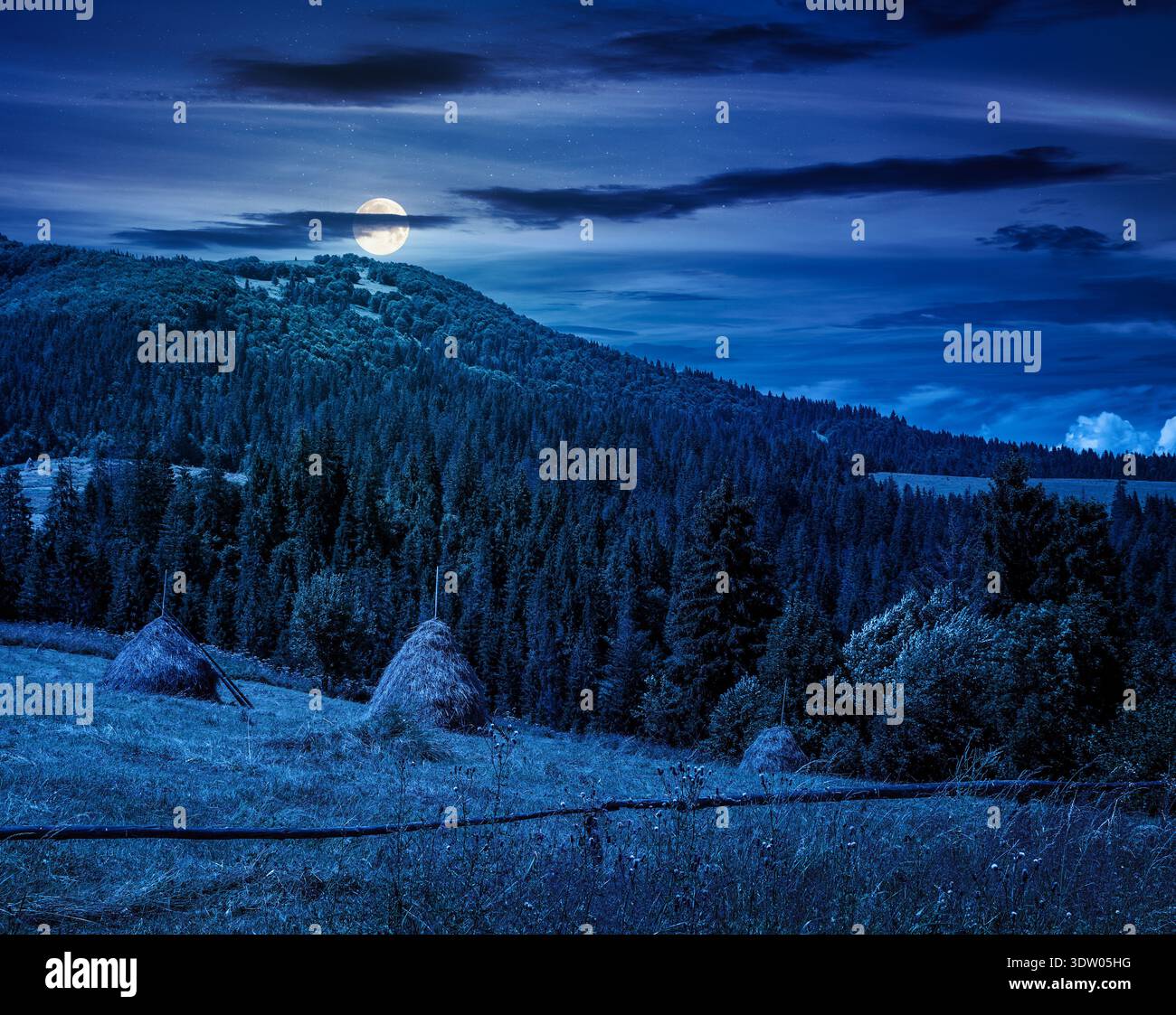 rural landscape with field on hill at night. alpine scenery with traditional haystack in full moon light. mountainous countryside hayfield during summ Stock Photo