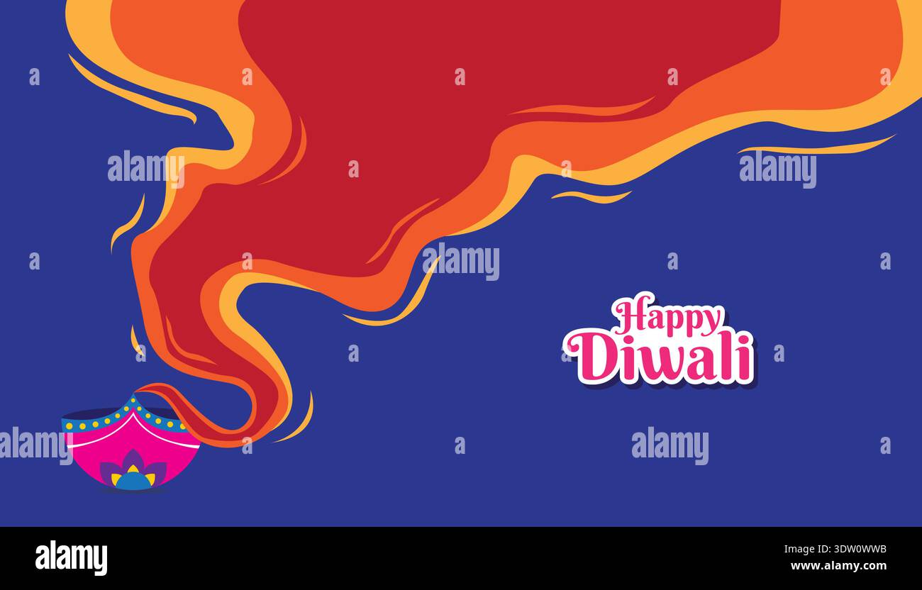 Modern Happy Diwali banner featuring colorful diya lamp with flowing flame smoke on dark blue background. Festival of lights celebration template. Stock Vector