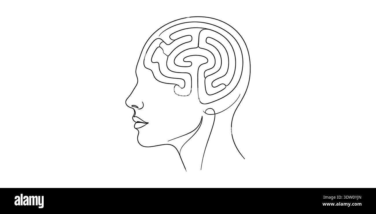 Clean and simple line art of a human head with brain activity showing ...