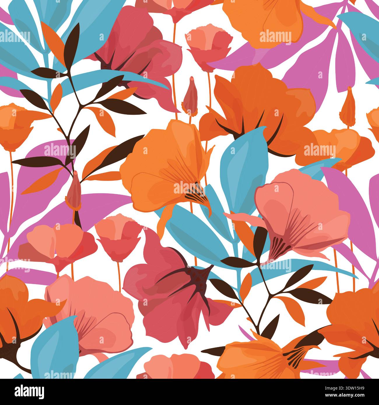Vector floral seamless pattern. Orange, red, pink flowers Stock Vector