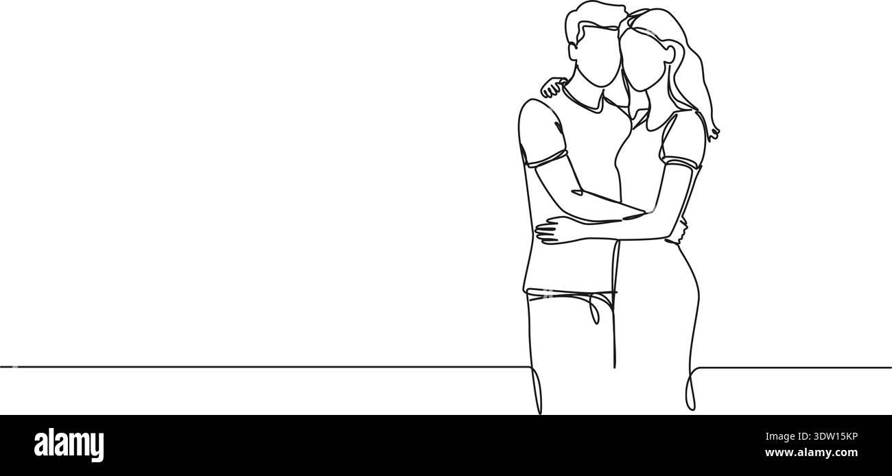 continuous line drawing of young adult couple hugging each other, line ...