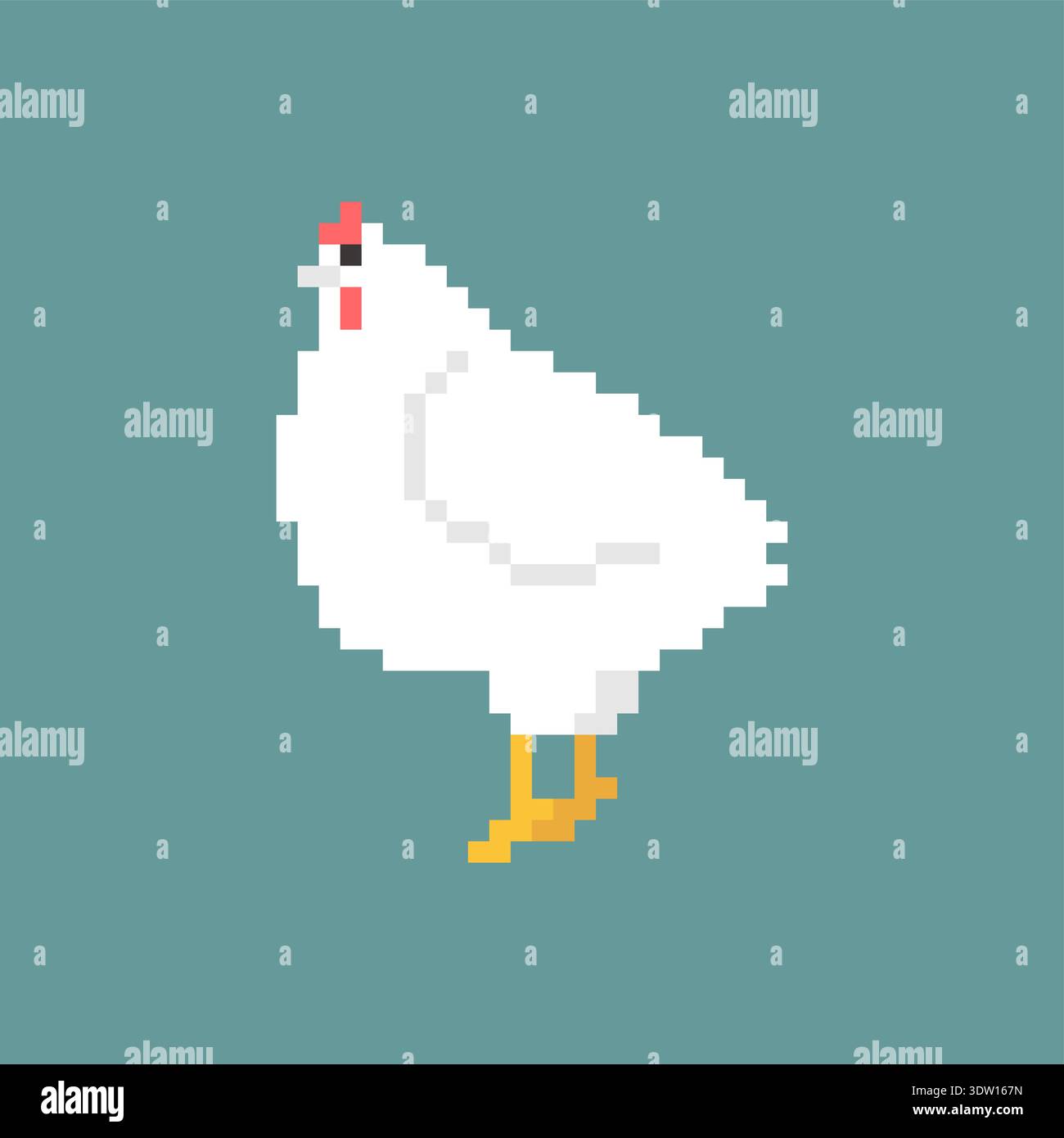 Pixel art white hen on a teal background square. Retro 8-bit game style ...