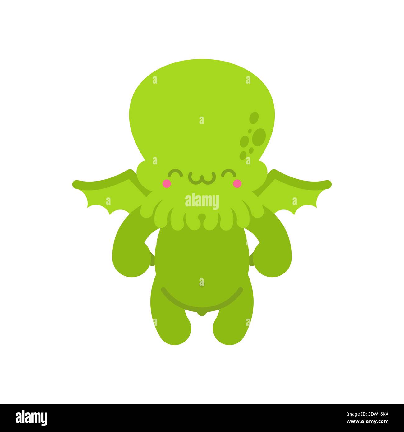 Cute small green Cthulhu monster character standing and smiling. Retro ...