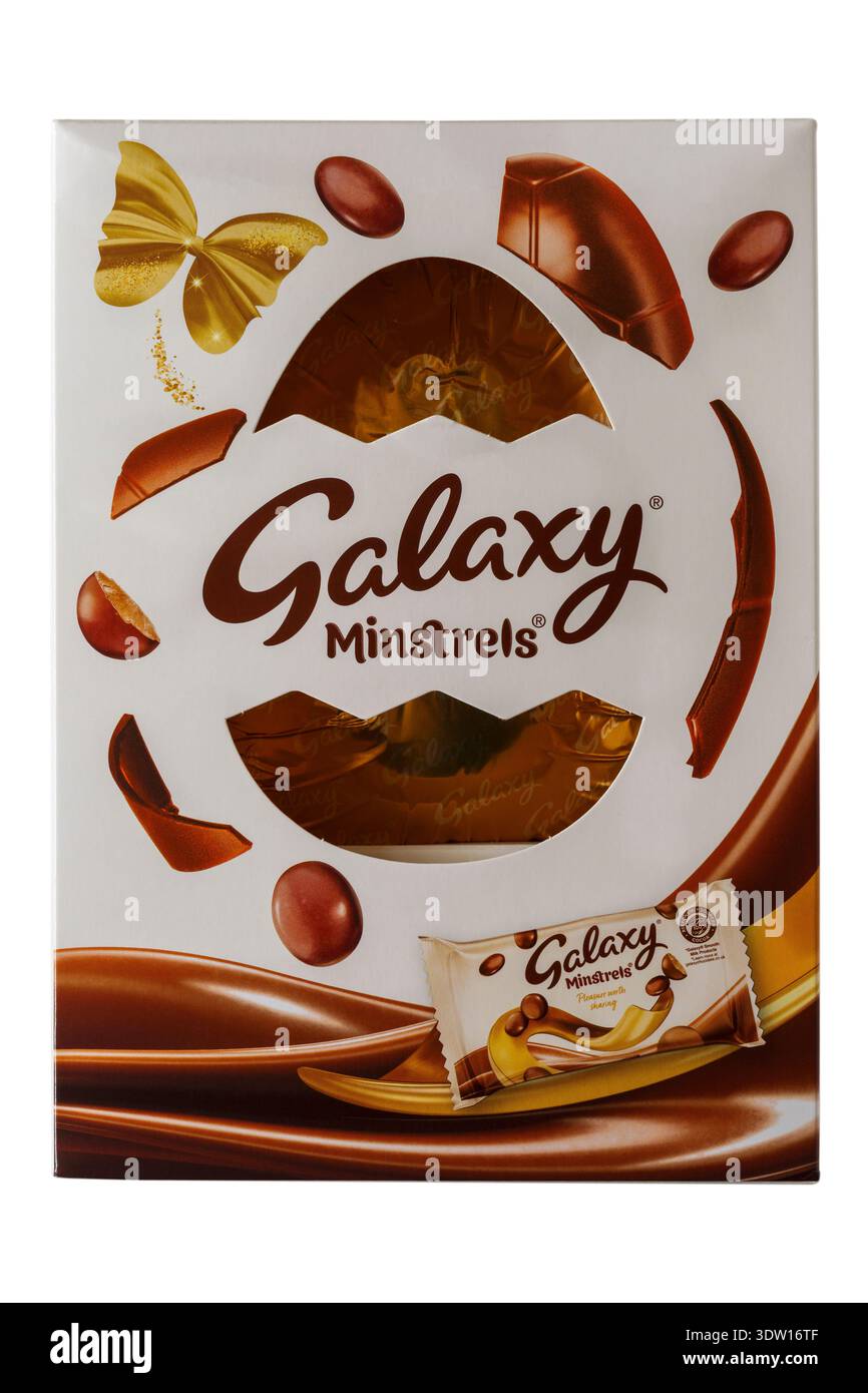 Galaxy Minstrels Easter egg wrapped in box isolated on white background Stock Photo