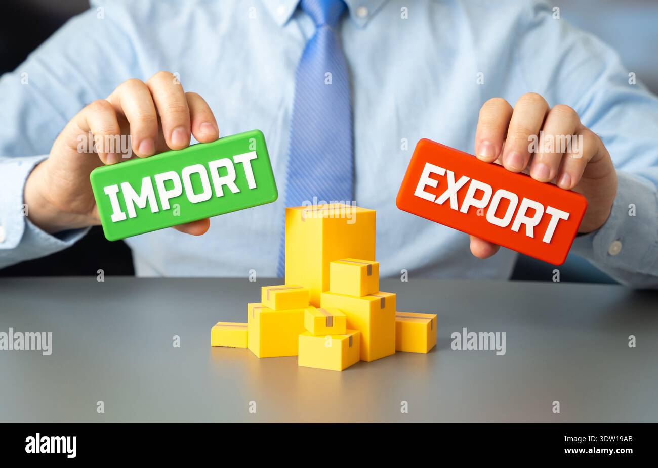 Boxes with goods and signs for import and export. Trade and ...