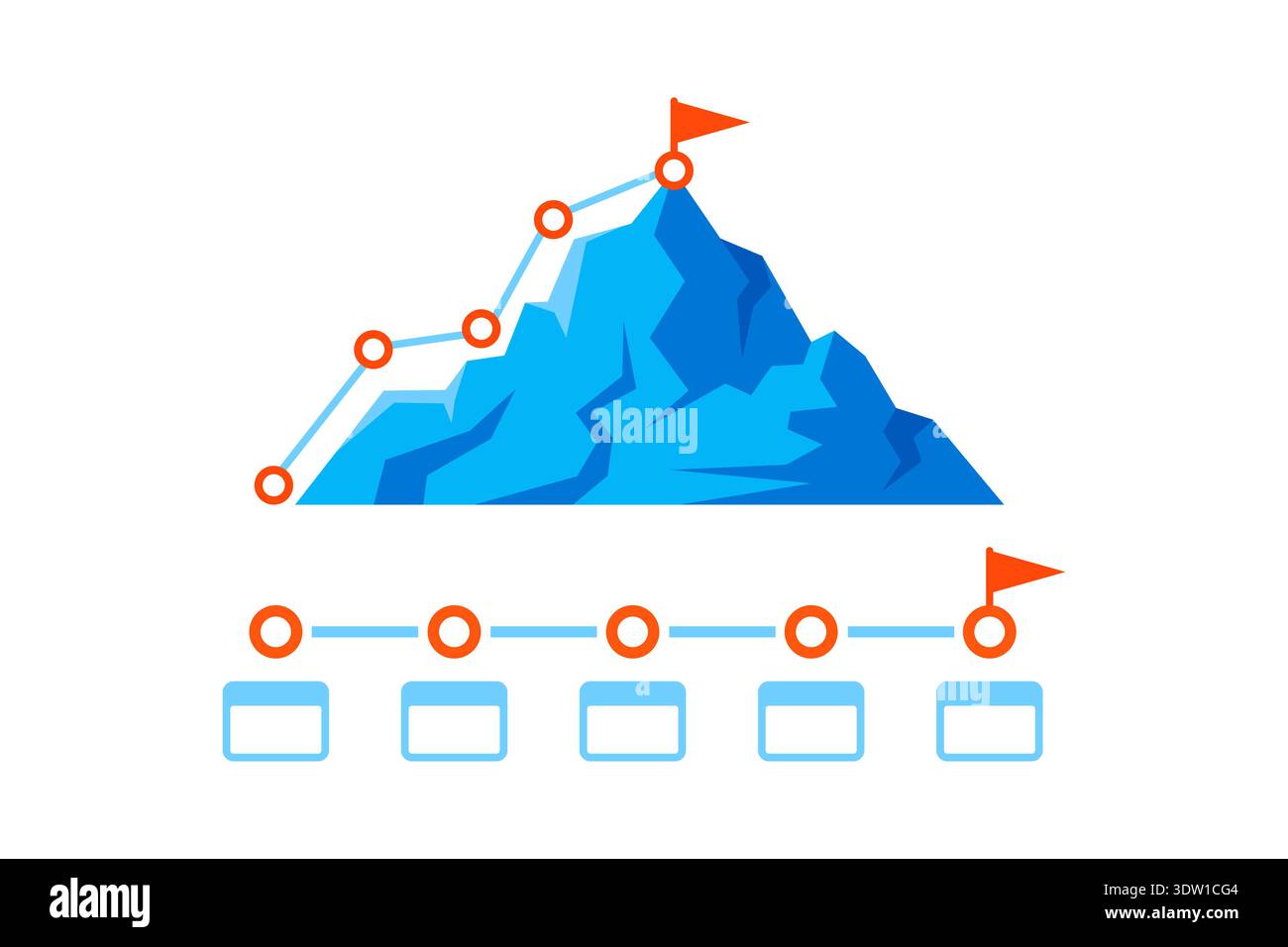 Vector blue mountain route with summit flag and bottom timeline stages ...