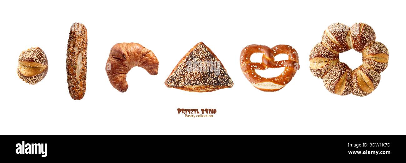 Pretzel bread. Different lye rolls and buns. Pastry set isolated on white background with copy space Stock Photo