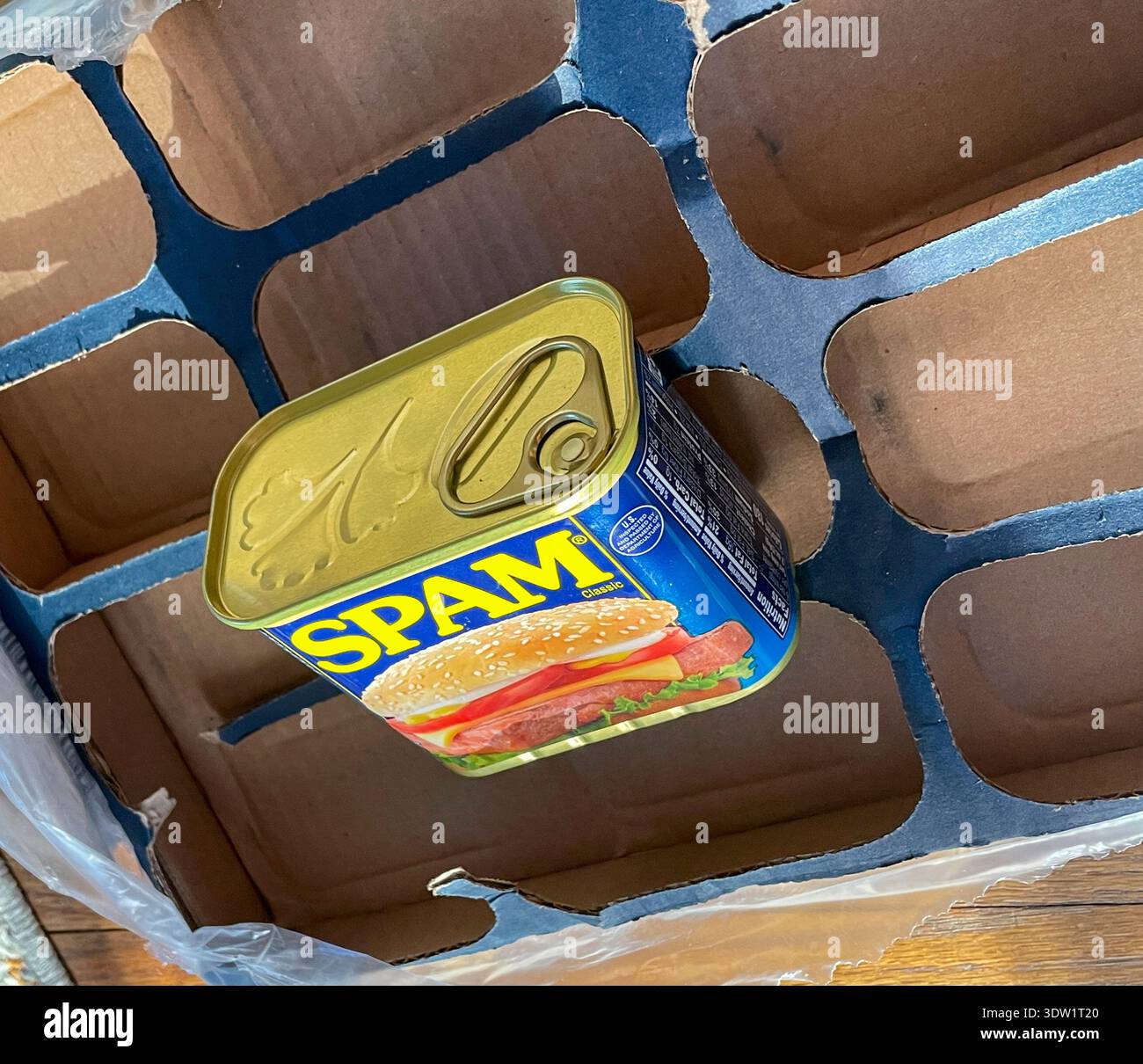 Still life of the last can of spam in a case box, 2026, United States - Smartphone Captured Stock Image