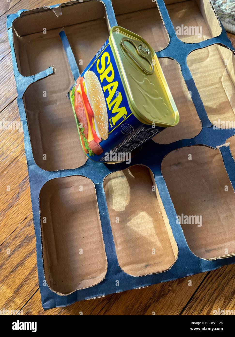 Still life of the last can of spam in a case box, 2026, United States - Smartphone Captured Stock Image