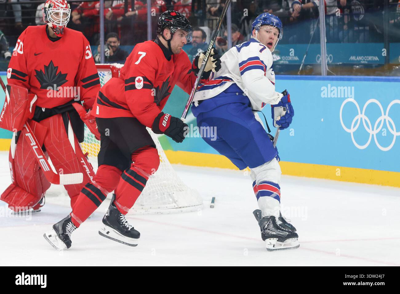February 22, 2026: Brady Tkachuk (7) of the United States looks back at ...