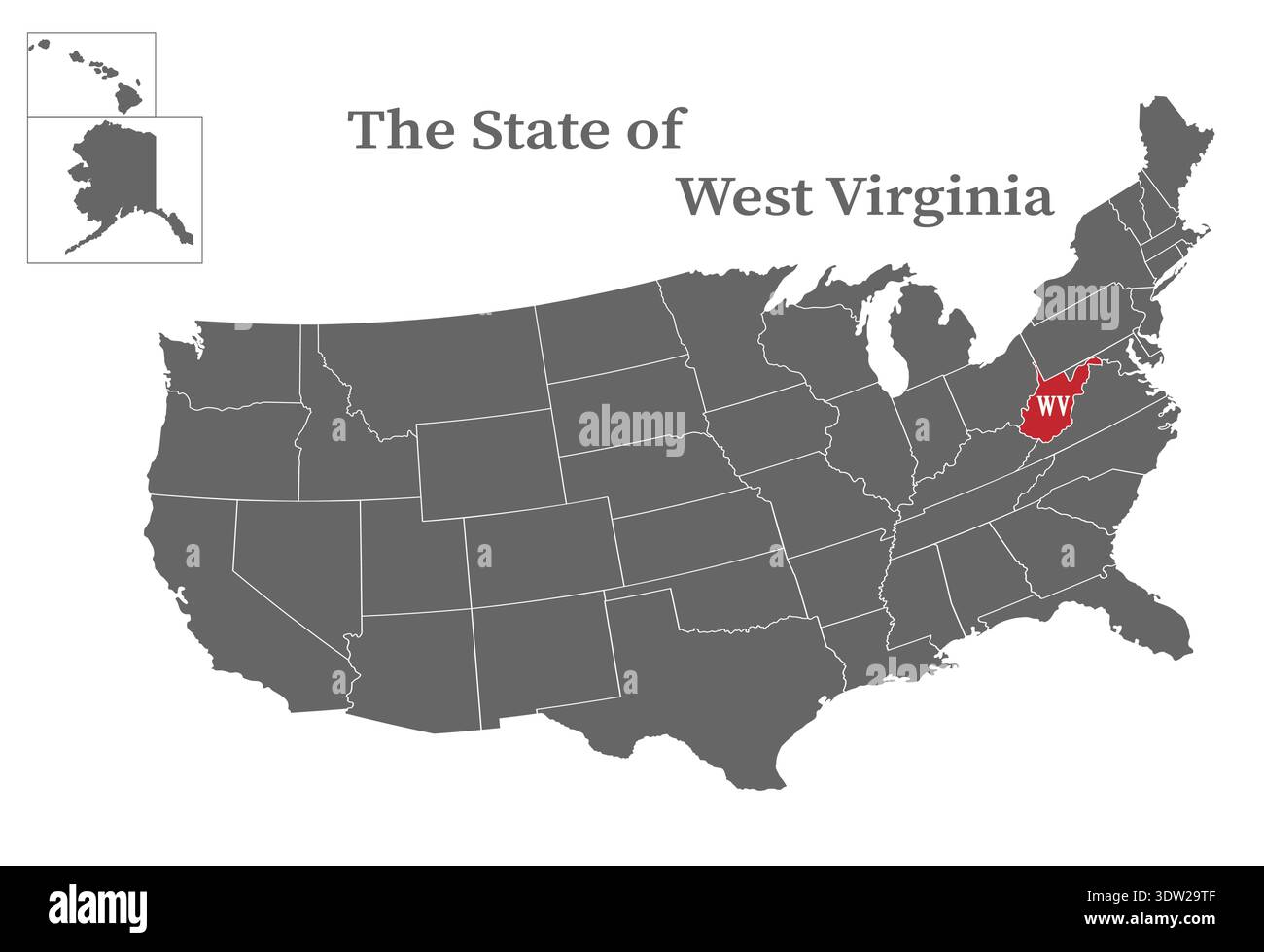 The state of West Virginia on the map of the United States of America