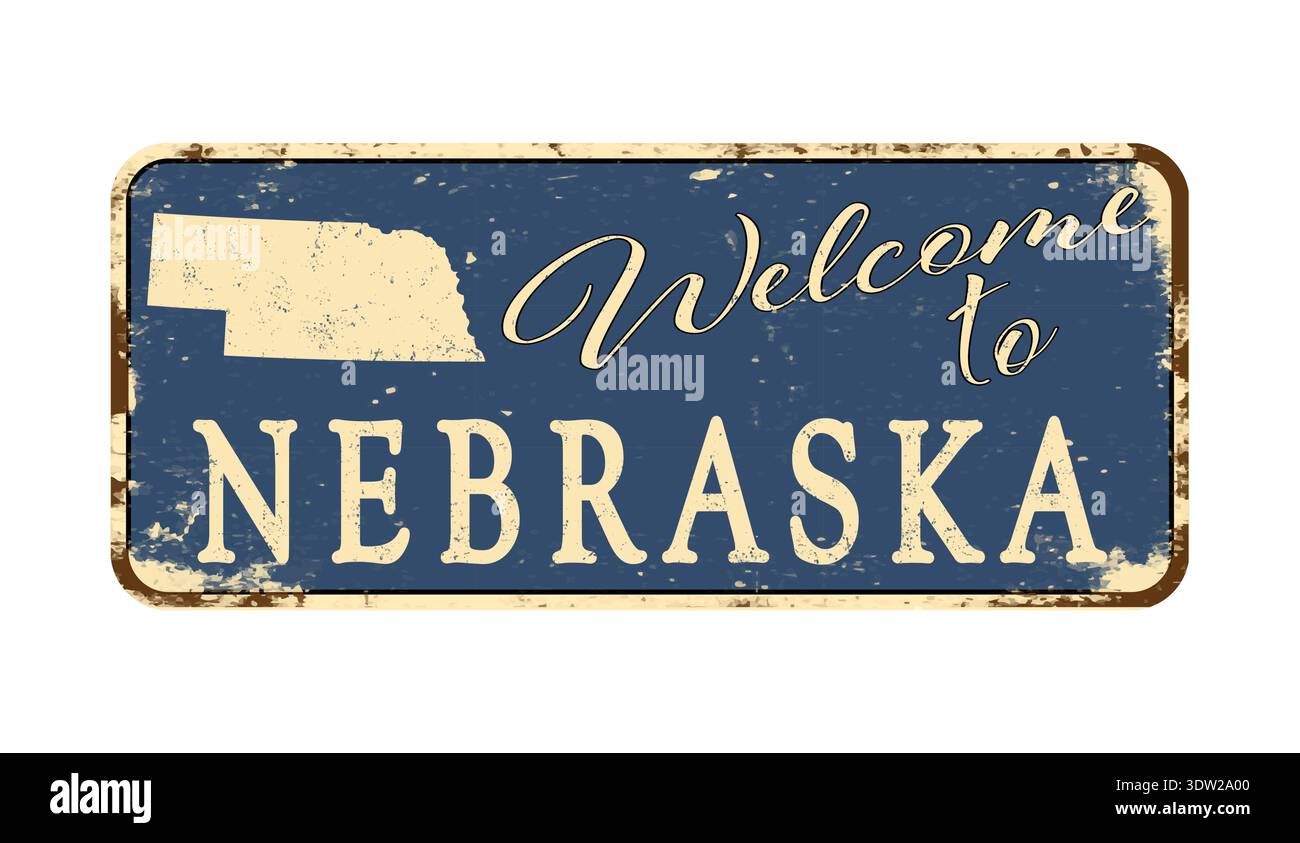 Welcome to Nebraska. A worn blue plaque with the name and outline 