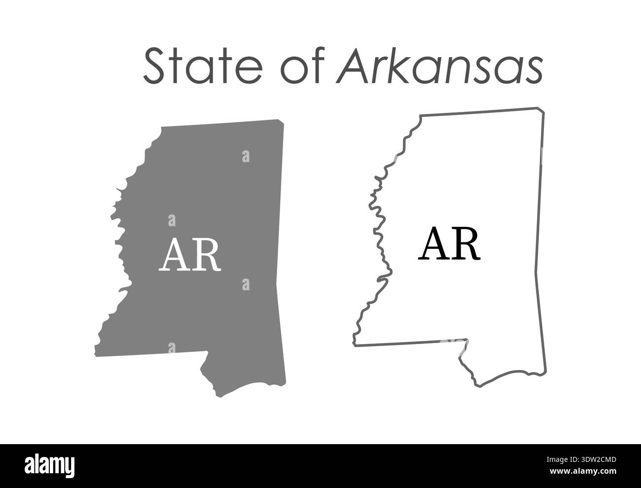 Arkansas. The outline and silhouette of the state with the abbreviated ...