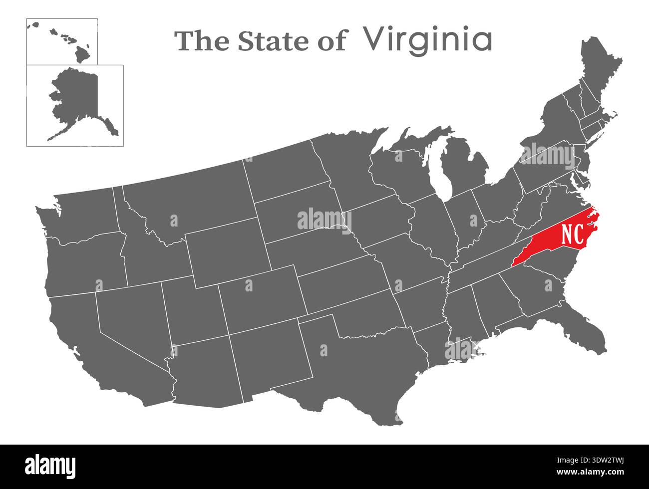 The state of Virginia on the map of the United States of America is