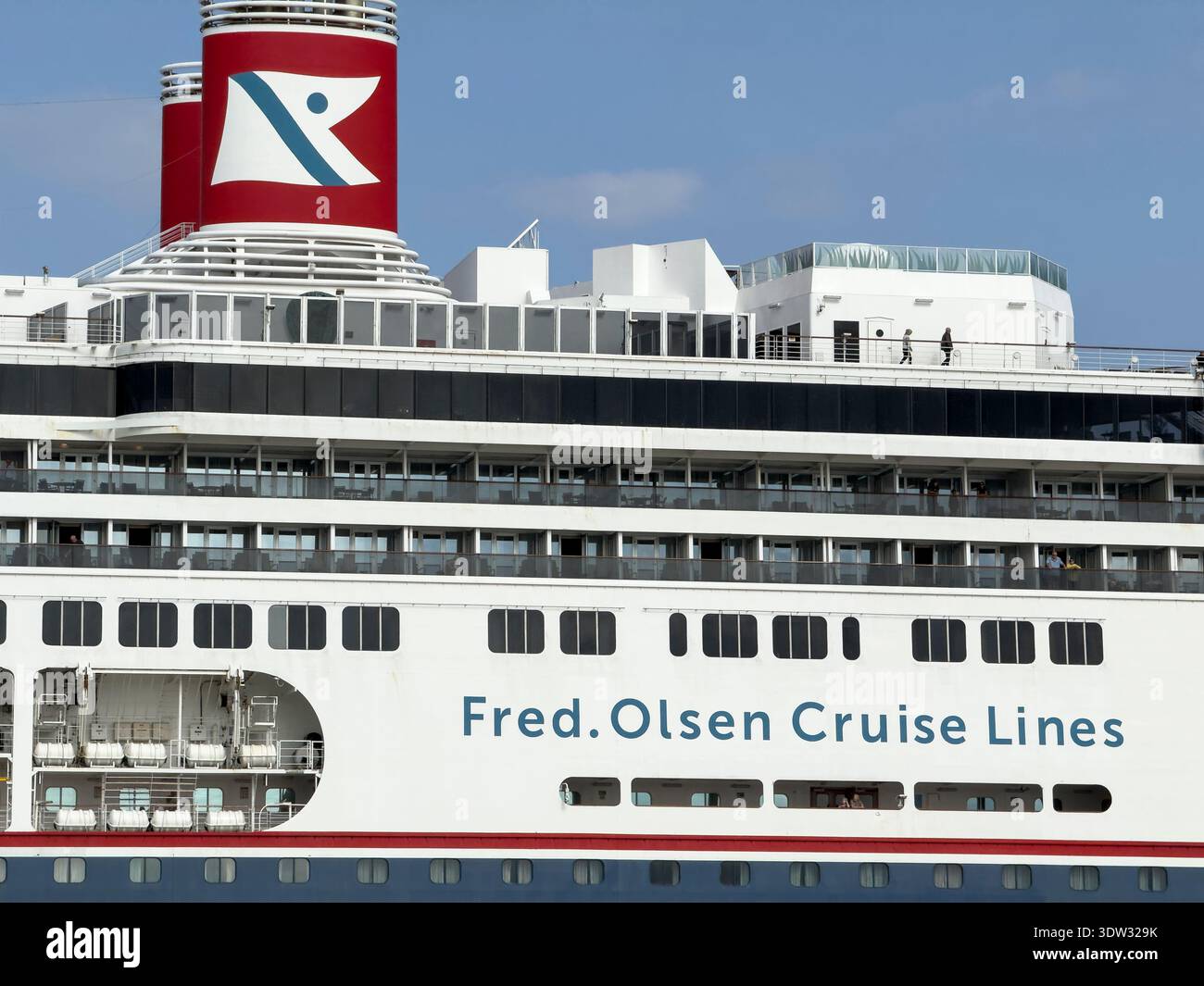 LIVERPOOL, MERSEYSIDE, ENGLAND - AUGUST 07, 2025: Close up of Bolette cruise ship funnels with Fred Olsen branding and livery Stock Photo