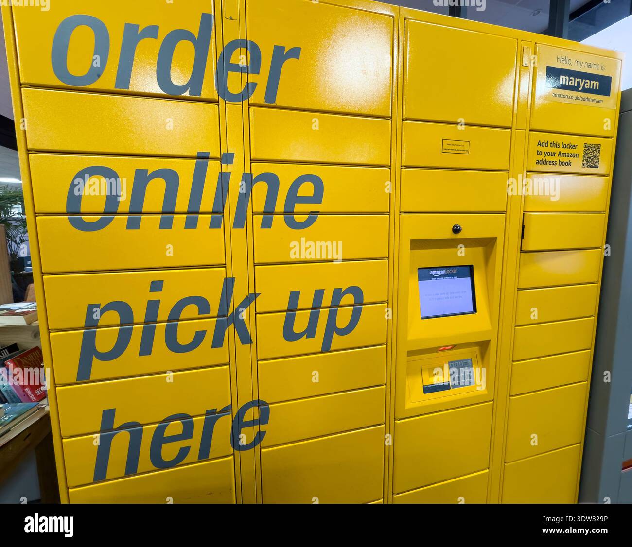 CHESTER, CHESHIRE, ENGLAND - NOVEMBER 03, 2025: Amazon online order pickup lockers for collection in large retail store - Smartphone Captured Stock Image