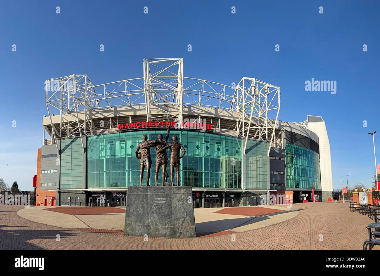 MANCHESTER, ENGLAND: FEBRUARY 17, 2026: Panoramic view of statues outside Old Trafford stadium at Manchester United home ground - Smartphone Captured Stock Image