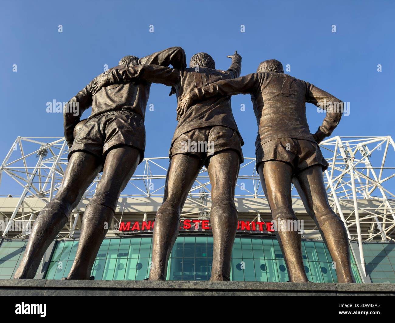 MANCHESTER, ENGLAND: FEBRUARY 17, 2026: Memorial statues at Old Trafford in Manchester, England - Smartphone Captured Stock Image