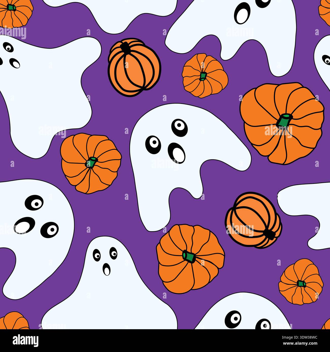 white ghost faces with orange colored pumpkins on purple background seamless pattern. Ghosts and orange pumpkins Halloween vector repeat pattern. Stock Vector