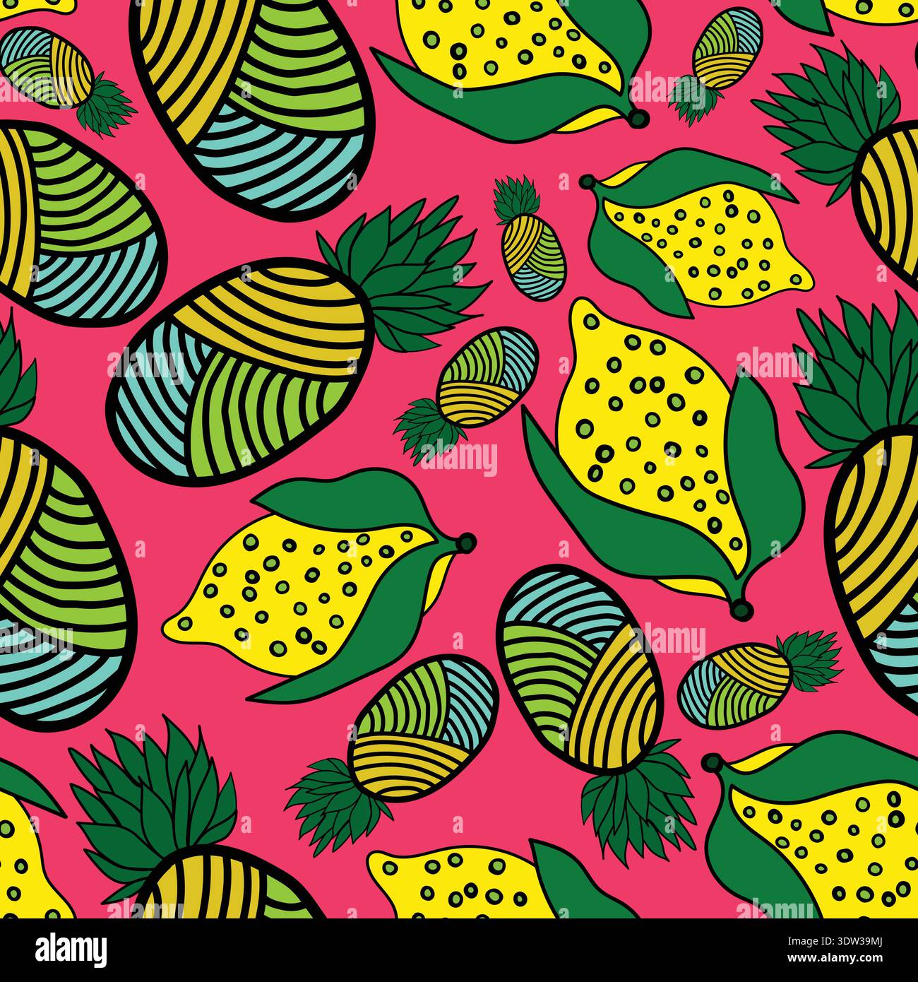 exotic lemons and pineapples tropical bold colored seamless pattern Stock Vector