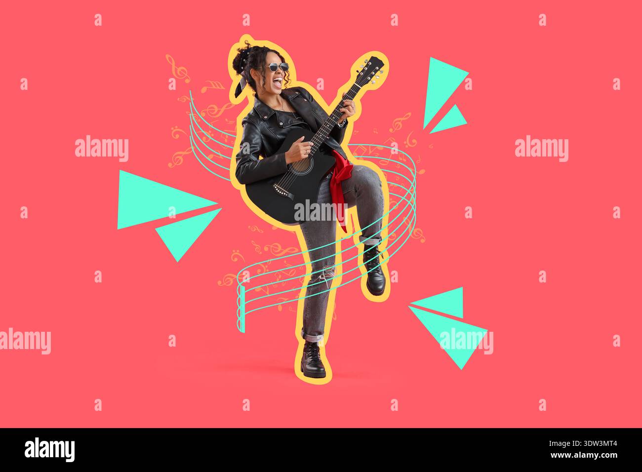 Stylish young African-American woman in leather jacket playing acoustic guitar on red background Stock Photo